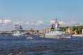 Admiral Makarov frigate and Stoykiy corvette on the naval parade on the day of the Russian Fleet in St. Petersburg