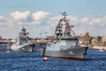 Admiral Makarov frigate and Stoykiy corvette on the naval parade on the day of the Russian Fleet in St. Petersburg