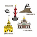 Admiralty building, bronze horseman, saint isaac cathedral and rostral column from Saint Petersburg. Royalty Free Stock Photo