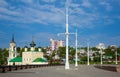 Admiralty Square of Voronezh with ship cannons, street lamps, Assumption Church Royalty Free Stock Photo