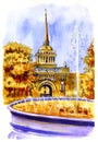 Admiralty in St. Petersburg, watercolor illustration