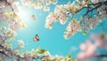 Cherry Blossom Branches, Blue Sky and Fluttering Butterflies in Spring. Generative ai illustration