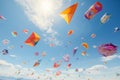 Admire a fleet of colorful kites shaped like