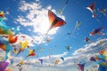 Admire a fleet of colorful kites shaped like