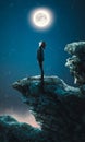 Admire the moon. Woman standing on cliff
