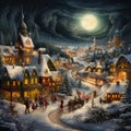 a painting of a snowy village with a full moon in the sky and people walking around