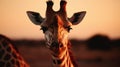 Admire the striking silhouette of a giraffe at sunset, its long neck reaching towards the sky in an elegant curve
