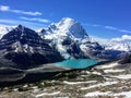 Admiring the incredible views of Berg lake and Mount Robson Glacier in Mount Robson Provincial Park Royalty Free Stock Photo