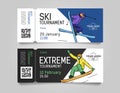 Admission tickets for extreme winter sports tournament or competition invitation with skier and snowboarder Royalty Free Stock Photo