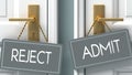 Admit or reject as a choice in life - pictured as words reject, admit on doors to show that reject and admit are different options