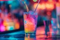 A drink being poured at a colorful bar.