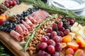 A charcuterie board with nuts, meats, and fruits.