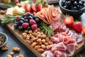 A charcuterie board with nuts, fruits, and meats.