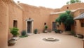 Adobe courtyard architecture, Southwest style building and home design with potted plants Generative AI