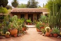 adobe house in southwestern style with cacti in front garden