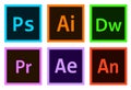 Adobe Icons Photoshop, Illustrator, After effect, Premiere, Indesign etc Editorial Vector. Plus, media. Royalty Free Stock Photo