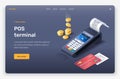 Isometric credit card, money, coins, check, invoice, POS terminal.