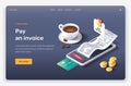 Isometric mobile device, coffee, check, invoice, credit card, money, notification.