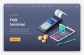 Isometric mobile device, money, coins, check, invoice, POS terminal, pen, shield.