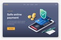 Isometric mobile device, shield, credit card, touch screen, fingerprint, pencil, safety, coins.