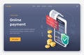 Isometric phone device, shopping, credit card, money, coins, check, invoice, shield.