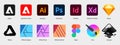 Adobe Illustrator, Photoshop, InDesign, Figma, Sketch, Inkscape, Affinity, Krita. Graphic design software logo set on transparent