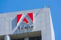 Adobe logo on Adobe Inc headquarters building Royalty Free Stock Photo