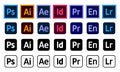 Adobe Products Icon Set: Illustrator, Photoshop, InDesign, Premiere Pro, After Effects, Acrobat DC, Lightroom, Dreamweaver ... Royalty Free Stock Photo