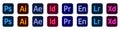 Adobe Products Icon Set: Illustrator, Photoshop, InDesign, Premiere Pro, After Effects, Acrobat DC, Lightroom, Dreamweaver ... Royalty Free Stock Photo