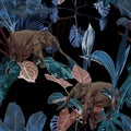 Tropical wild elephant animal, abstract blue palm trees, banana tree. Floral seamless night pattern on blak background.