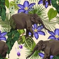 Tropical wild elephant animal, palm trees leaves, violet flowers. Floral seamless pattern on blue background. Royalty Free Stock Photo