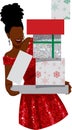 Black Woman in Red Sparkling Dress holds Stack of Christmas Presents Royalty Free Stock Photo