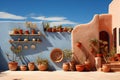 Adobe wall hosts decorative pots, set against vibrant skys picturesque canvas