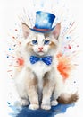 Adorable white fluffy kitten in a top hat and bow tie for the 4th of July holiday Royalty Free Stock Photo
