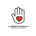 Adopt a Child. Hand with Heart Line Icon. Volunteer Help Care Protection Support Theme. Child Adoption Sign and Symbol.