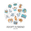 Adopt a friend motivational poster, minimalistic design with cute pets, cats and dogs, vector illustration