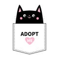 Adopt me. Black cat in the pocket. Cute cartoon animals. Kitten kitty character. Pink heart. Dash line. Pet animal collection. T-s