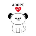 Adopt Me. Contour Sitting Dog Silhouette. Red Heart. Pet Adoption. Kawaii Animal. Cute Cartoon Pooch Character. Funny Baby Puppy .