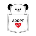 Adopt me. Dog in the pocket. Holding hands. Red heart. Cute cartoon animals. Puppy pooch character. Dash line. Pet animal collecti Royalty Free Stock Photo