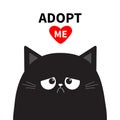 Adopt me. Dont buy. Black sad cat face silhouette. Red heart. Pet adoption. Kawaii animal. Cute cartoon kitty character. Funny bab