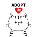 Adopt me. Dont buy. Contour cat face silhouette. Red heart. Pet adoption. Cute cartoon kitty character. Funny baby kitten. Help ho