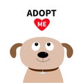 Adopt me. Dont buy. Dog face. Pet adoption. Puppy pooch looking up to red heart. Flat design style. Help homeless animal concept.