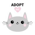 Adopt me. Dont buy. Gray cat round head silhouette. Pink heart. Pet adoption. Kawaii animal. Cute cartoon kitty character. Funny b Royalty Free Stock Photo