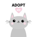 Adopt me. Dont buy. Gray cat silhouette. Pink heart. Pet adoption. Kawaii animal. Cute cartoon kitty character. Funny baby kitten.