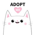 Adopt me. Dont buy. White cat smiling face silhouette. Pink heart. Pet adoption. Cute cartoon kitty character. Funny baby kitten. Royalty Free Stock Photo