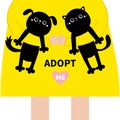 Adopt me. Girl hand holding cat kitten and dog set. Cute cartoon funny baby chatacter. Hanging body paw print, tail. Kawaii animal