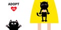 Adopt me. Girl holding black cat kitten. Cute cartoon funny baby chatacter. Hanging body paw print, tail. Reaching for hug. et Royalty Free Stock Photo