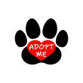 Adopt me lettering. Heart and paw print. Vector clipart and drawing. Isolated illustration on white background. Royalty Free Stock Photo
