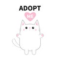 Adopt me. White contour cat silhouette. Pink heart. Pet adoption. Cute cartoon kitty character. Kawaii animal. Paw print Funny bab Royalty Free Stock Photo