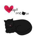 Adopt meow slogan with hand drawn lying black cat. Adopt a pet concept